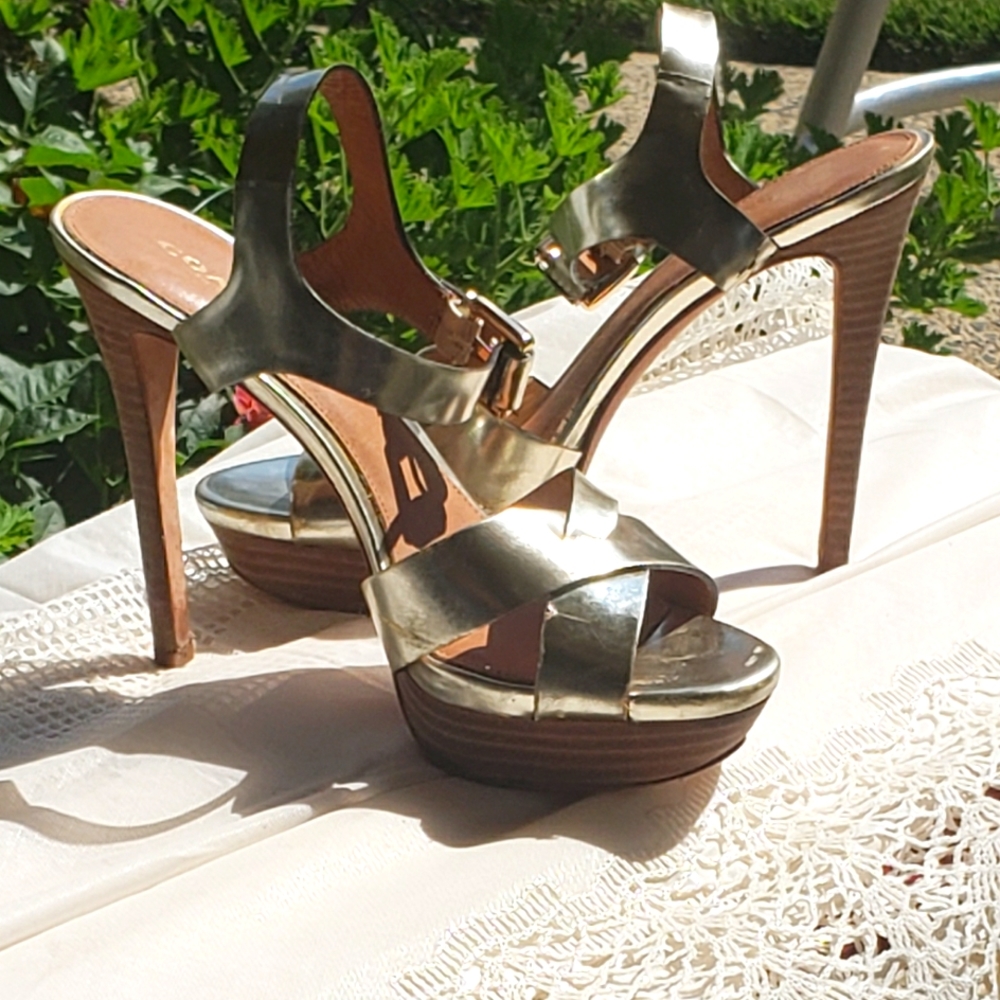 Gold Leather COACH Dani Platform Stilettos 🪙